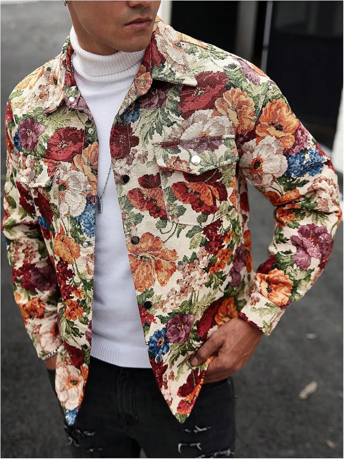 Men's Vintage Floral Embroidery Jackets Collared Neck Long Sleeve Jackets Button Down Drop Shoulder Outerwear