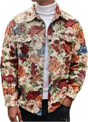 Men's Vintage Floral Embroidery Jackets Collared Neck Long Sleeve Jackets Button Down Drop Shoulder Outerwear
