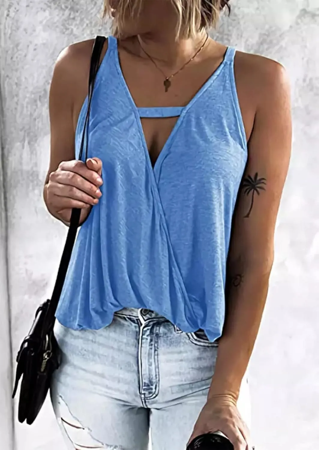 MHTOR Hollow Out Wrap Sleeveless Camisole Summer Vacation Loose Tank Top Holiday Sleeveless Shirt Casual Vest Women Tank Top
