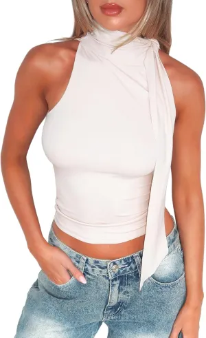 Off Shoulder Halter Mock Neck Going Out Tops for Women Cute Club Rave Top Bow Tie Sleeveless Crop Tank Top with Scarf