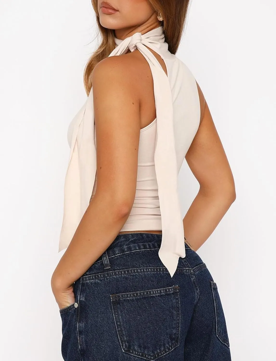 Off Shoulder Halter Mock Neck Going Out Tops for Women Cute Club Rave Top Bow Tie Sleeveless Crop Tank Top with Scarf