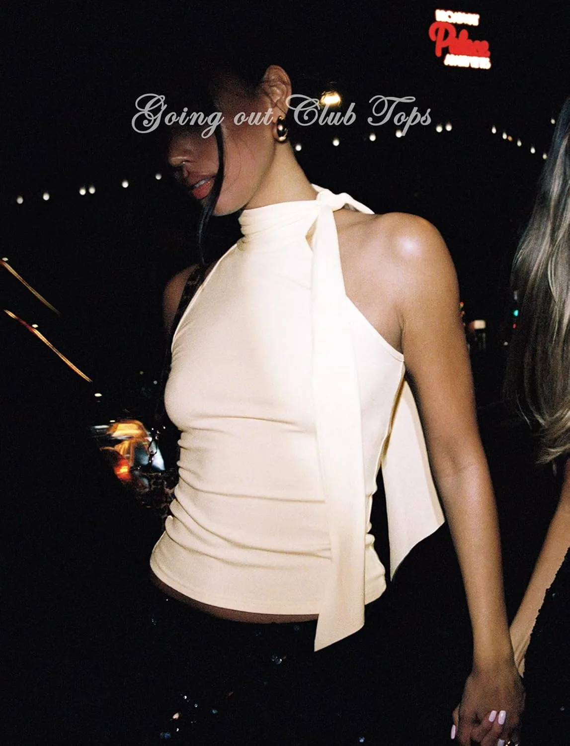 Off Shoulder Halter Mock Neck Going Out Tops for Women Cute Club Rave Top Bow Tie Sleeveless Crop Tank Top with Scarf
