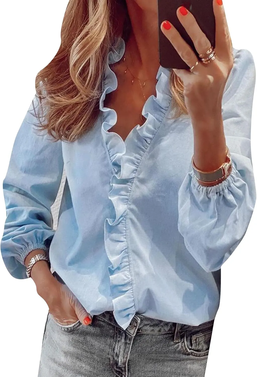 OMZIN Women Business Lantern Sleeve Lightweight Shirt Autumn Ruffle Trim Soft Blouse Low Cut Elegant Top