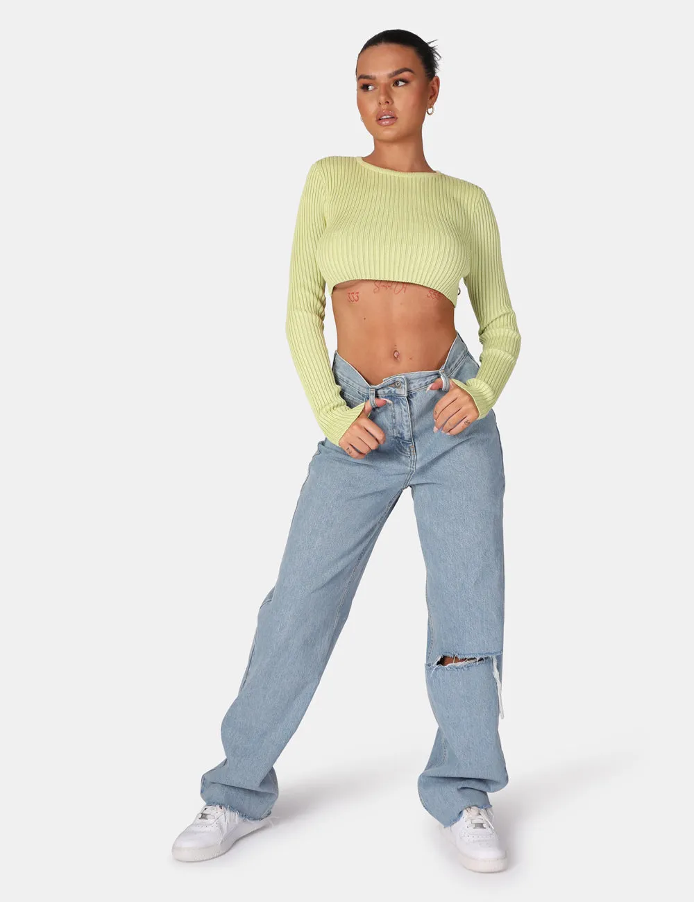 Open Chain Back Knitted Crop Top Lime
