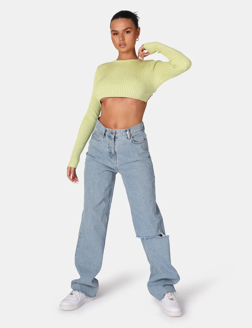 Open Chain Back Knitted Crop Top Lime