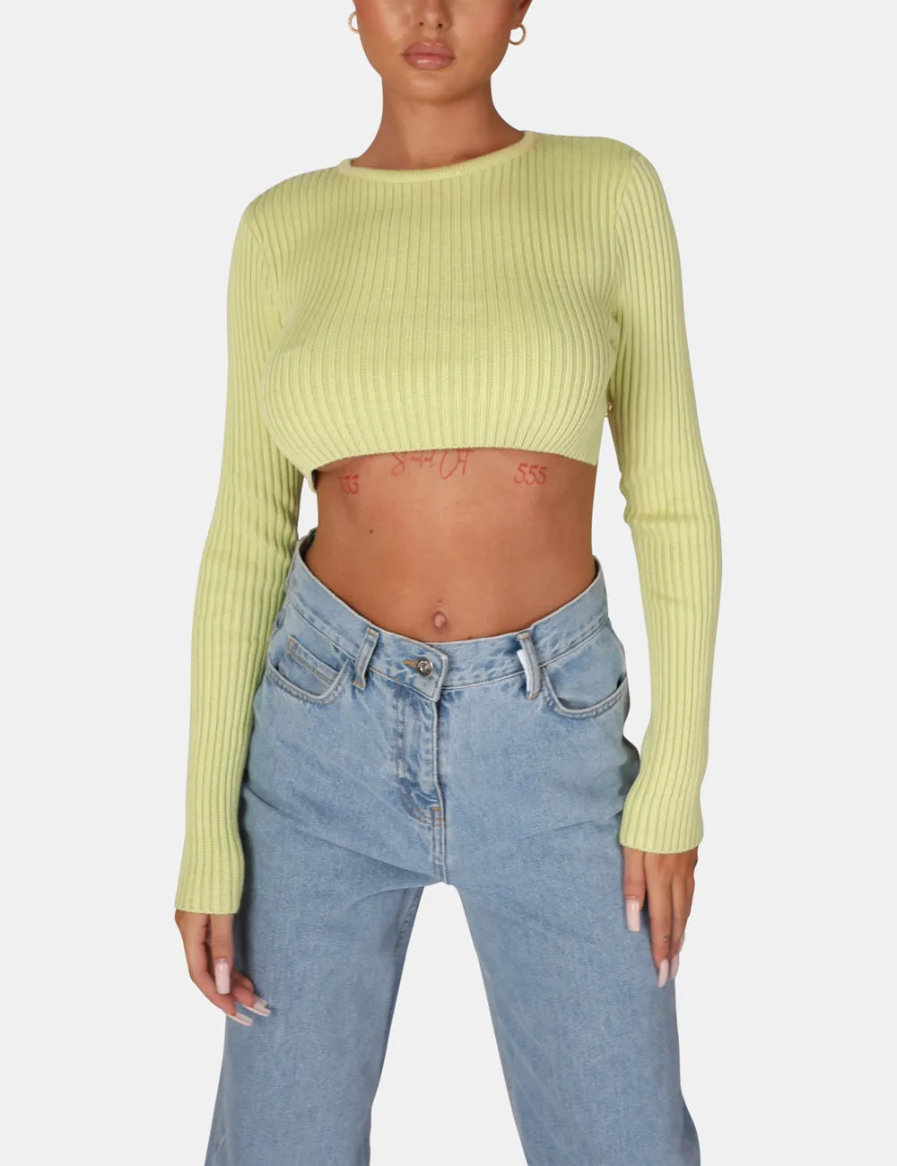 Open Chain Back Knitted Crop Top Lime