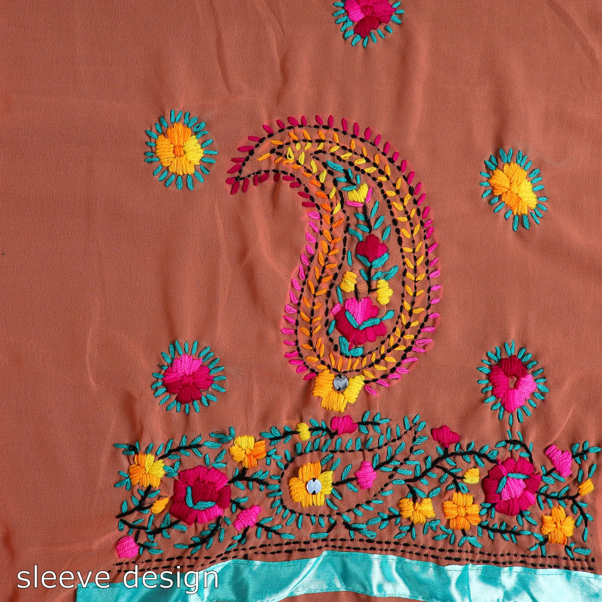 Orange - 3pc Hand Embroidery Georgette Phulkari Dress Material 60