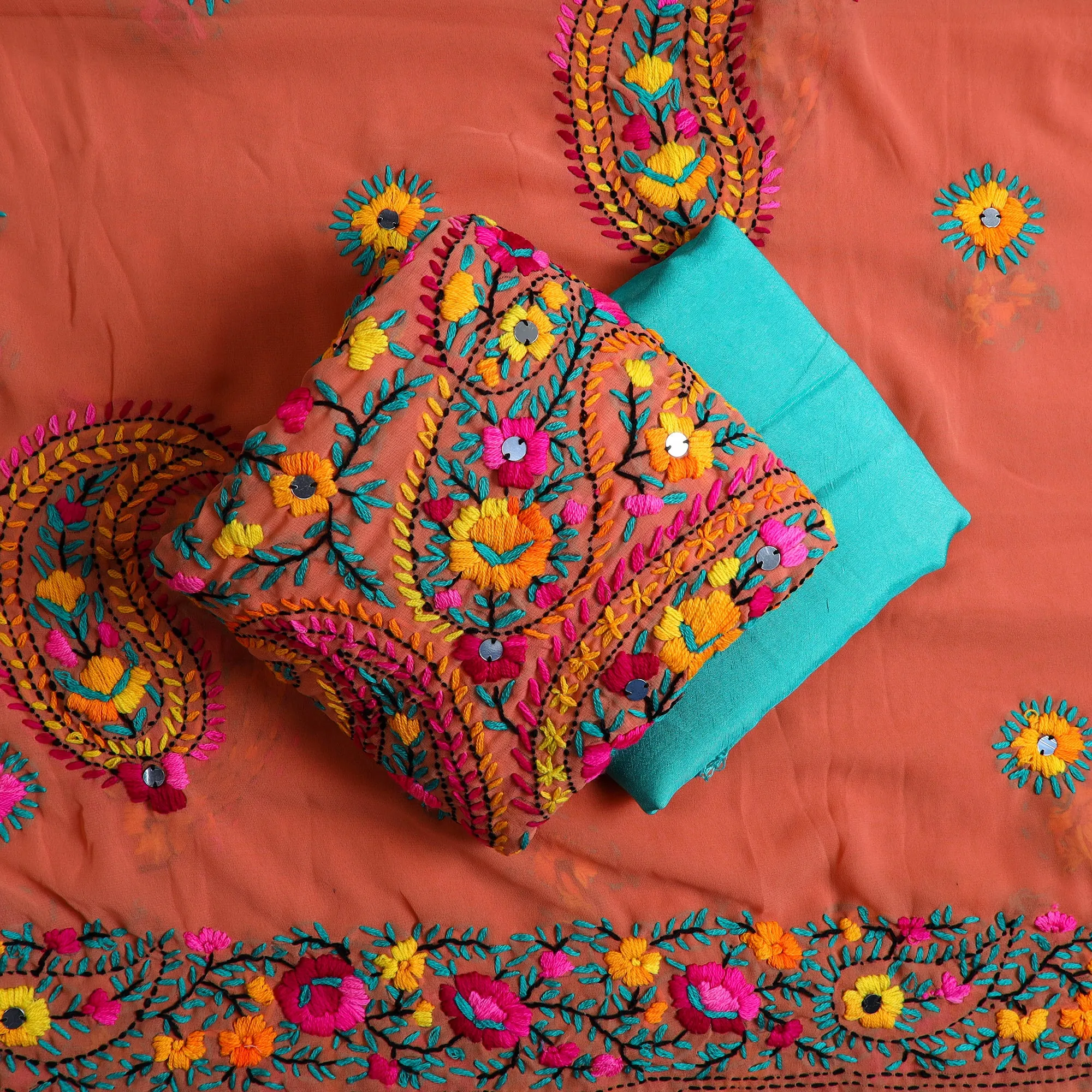 Orange - 3pc Hand Embroidery Georgette Phulkari Dress Material 60