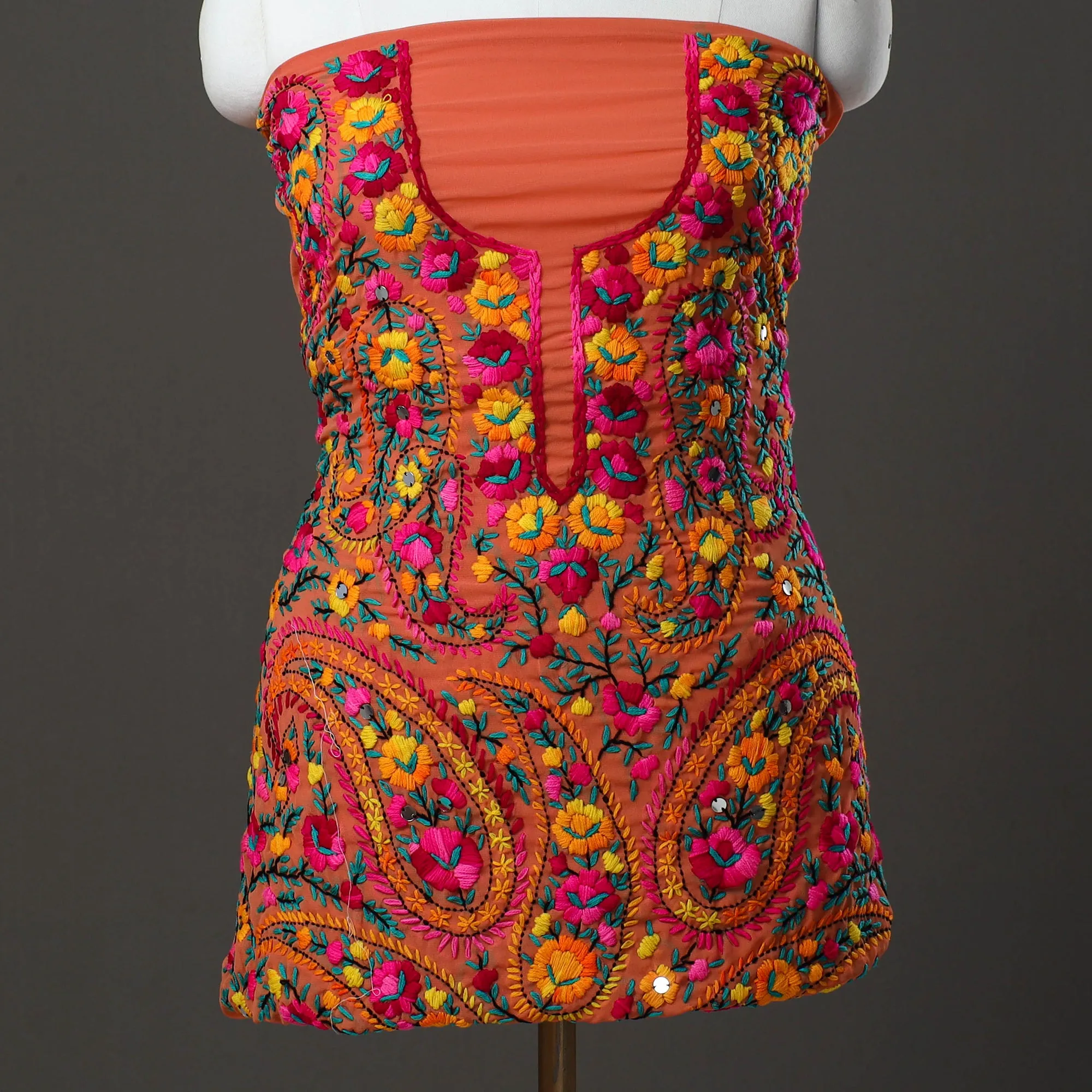 Orange - 3pc Hand Embroidery Georgette Phulkari Dress Material 60