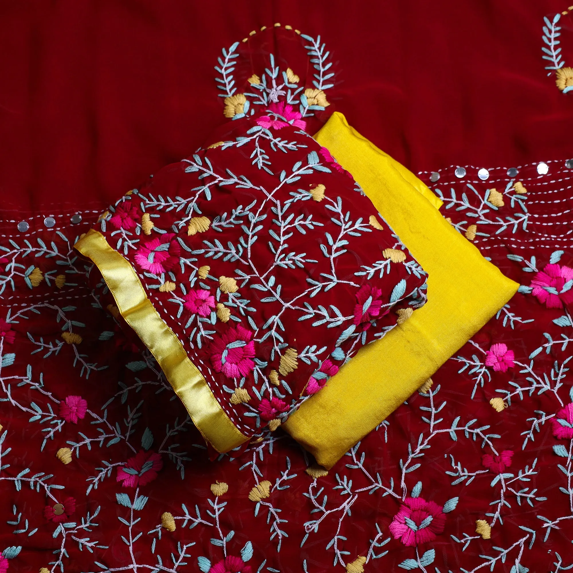 Red - 3pc Hand Embroidery Georgette Phulkari Dress Material 25