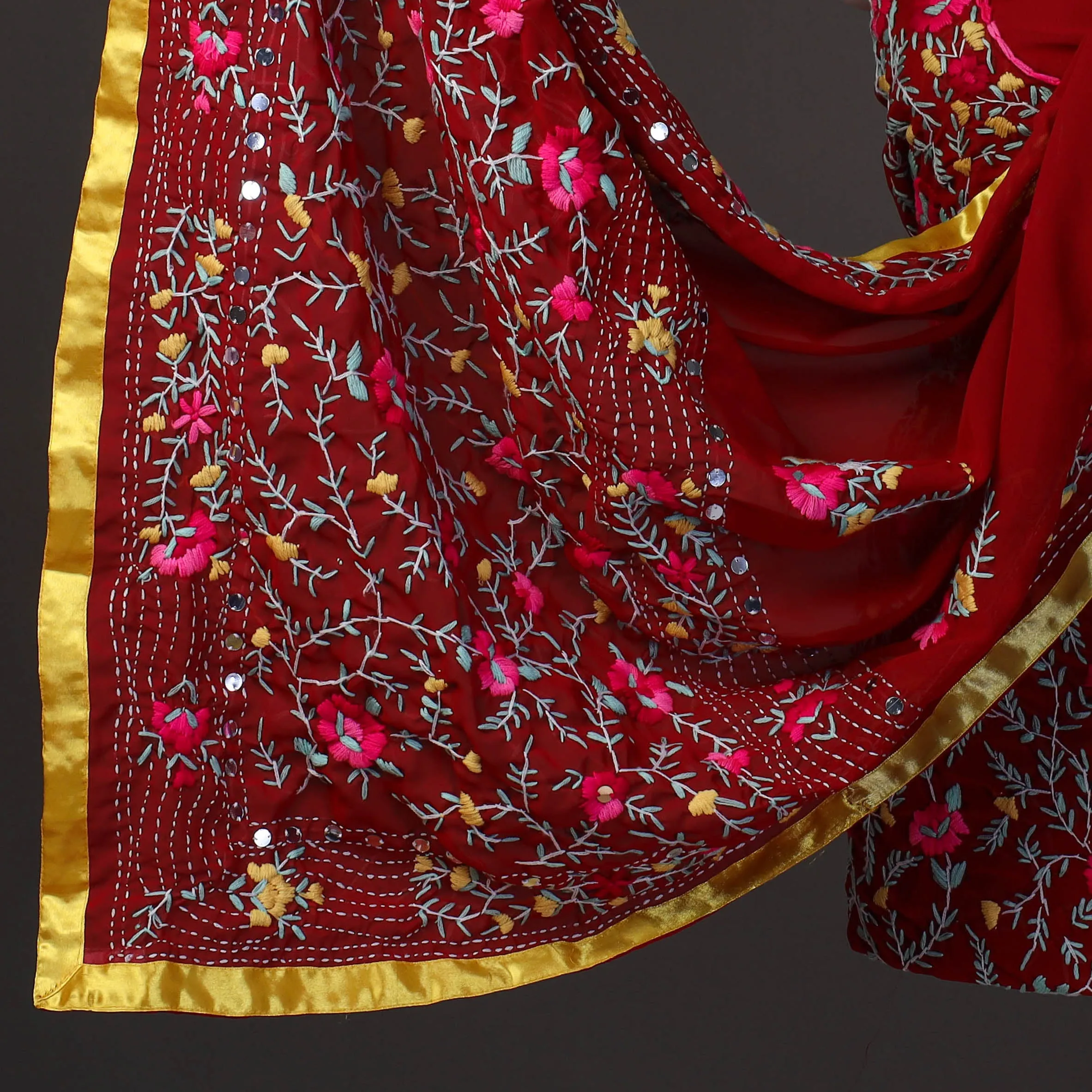 Red - 3pc Hand Embroidery Georgette Phulkari Dress Material 25