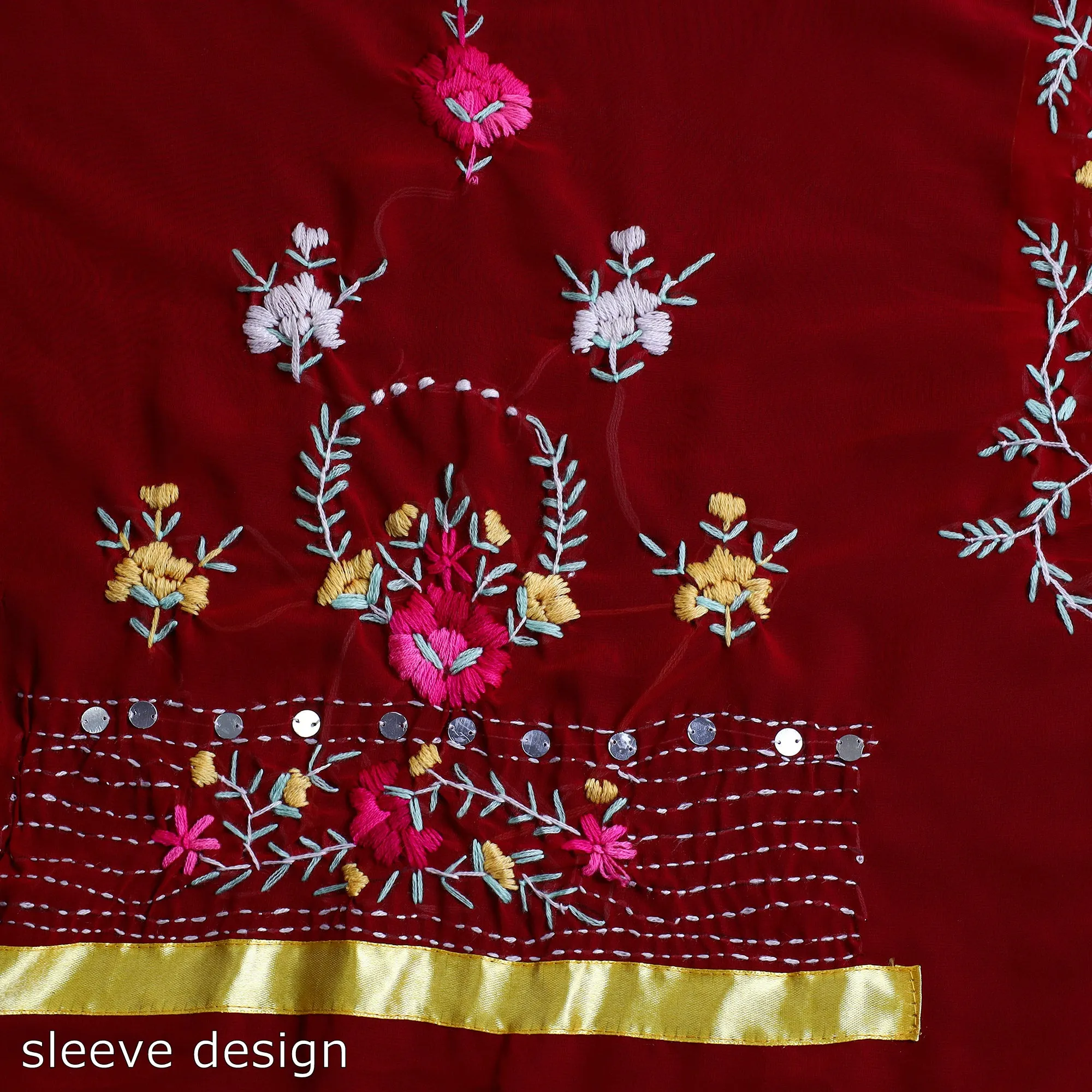 Red - 3pc Hand Embroidery Georgette Phulkari Dress Material 25