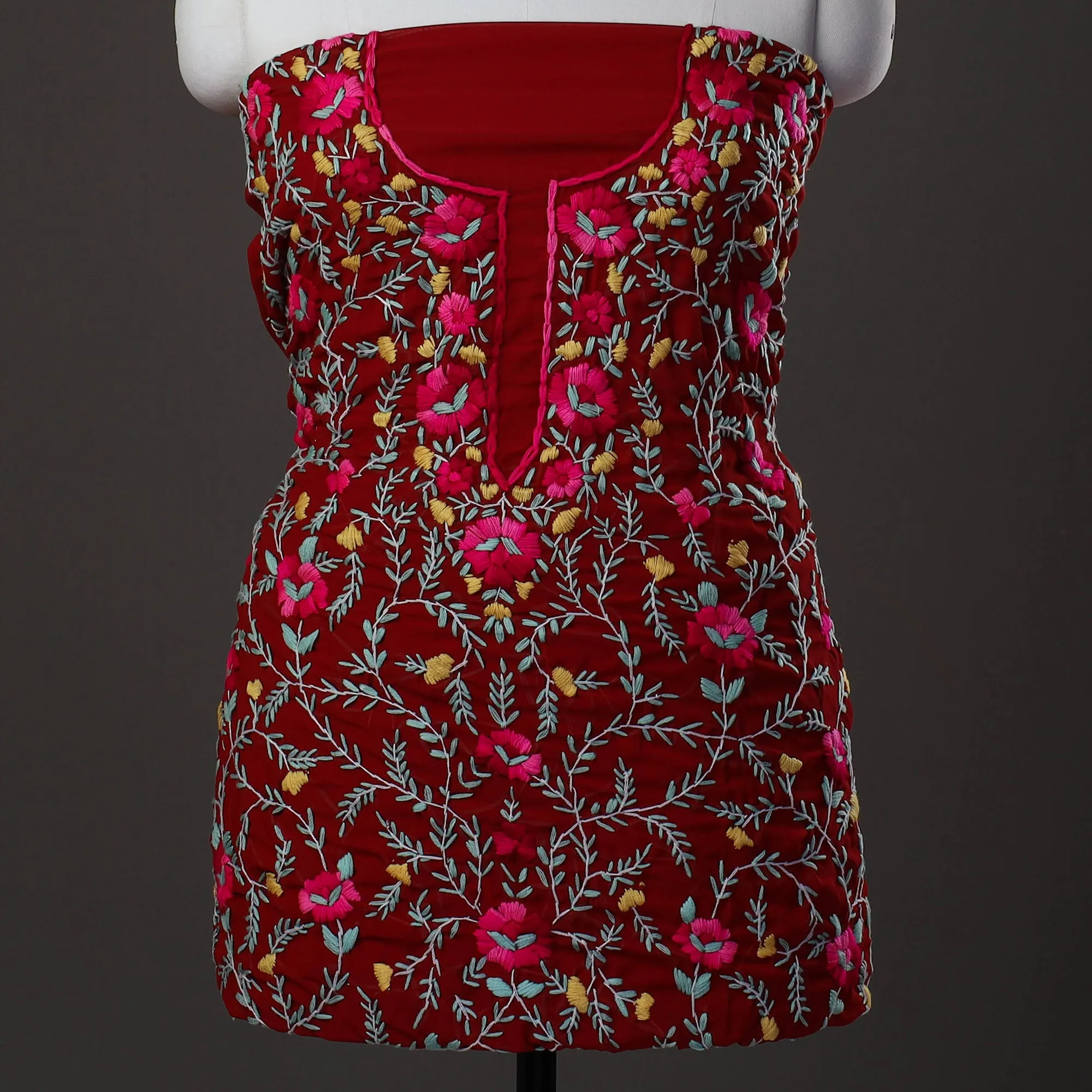 Red - 3pc Hand Embroidery Georgette Phulkari Dress Material 25
