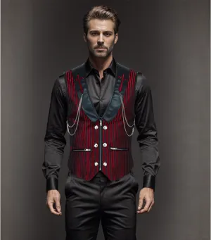 Red/ Black Stripes Brocade Gothic Men's Waist Coat