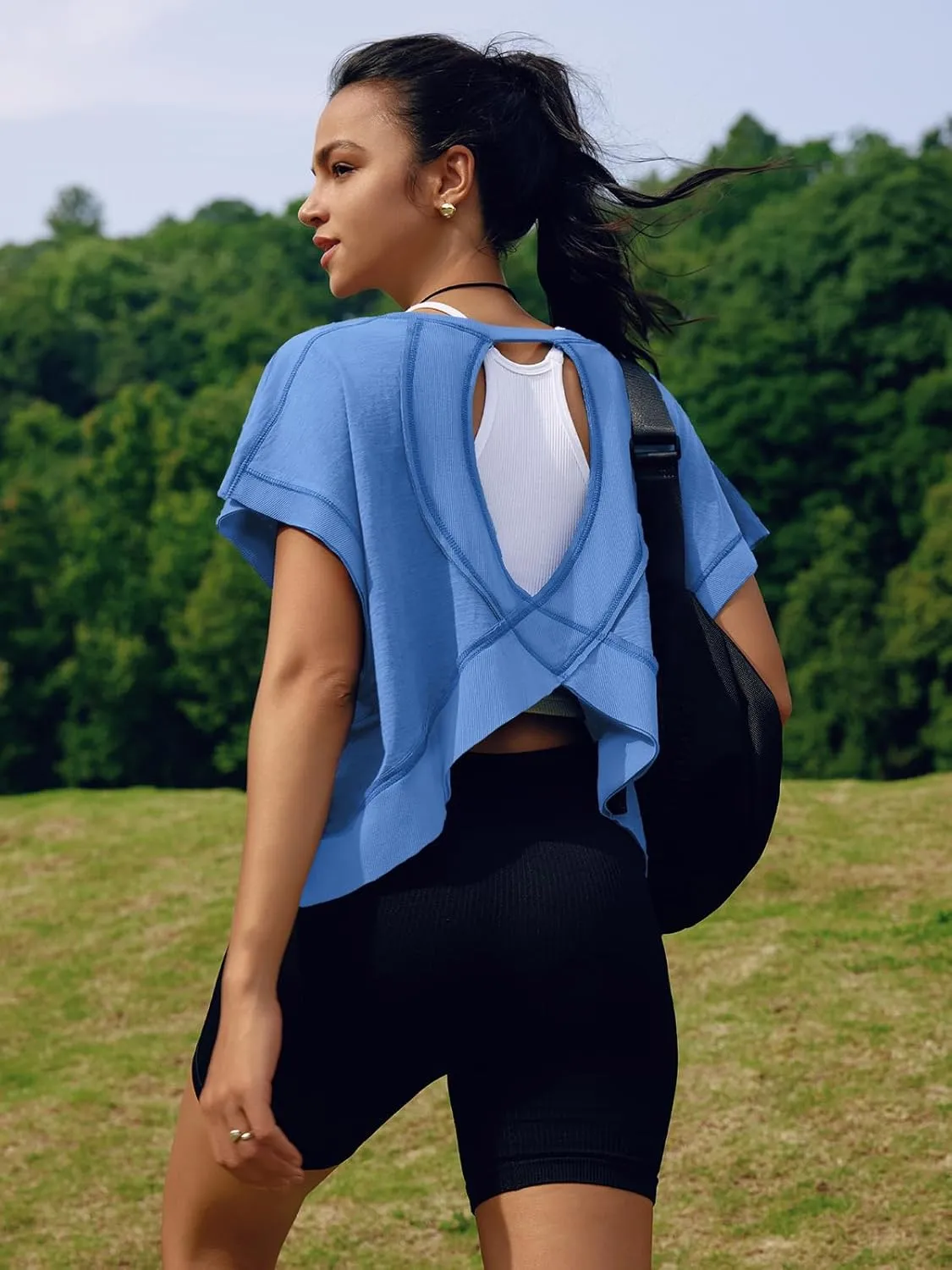 SENSERISE Womens Open Back Workout Tops Backless Short Sleeve Athletic Shirt Running Crop Top Gym Yoga Tee