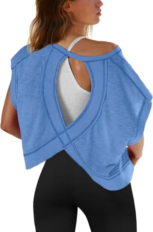 SENSERISE Womens Open Back Workout Tops Backless Short Sleeve Athletic Shirt Running Crop Top Gym Yoga Tee