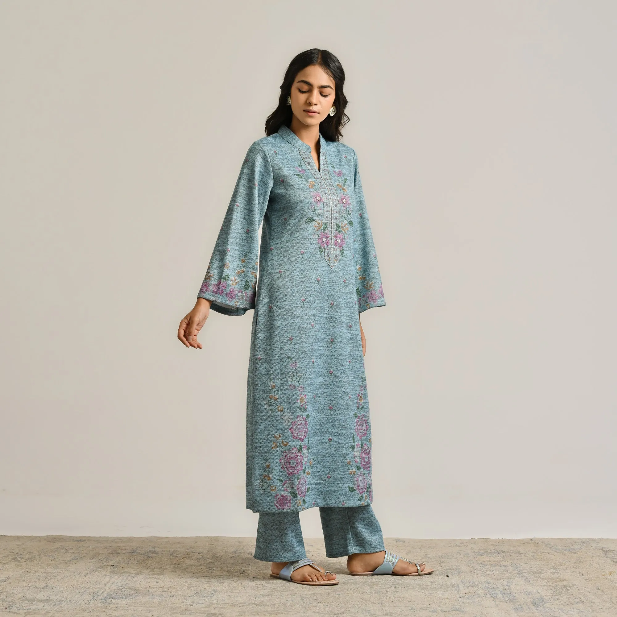 Skyblue Floral Woollen Kurta Set with Embroidery Detail