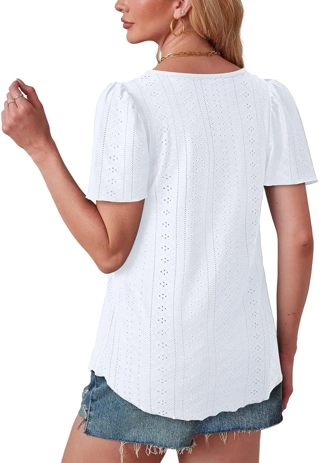 Summer Blouses for Women Short Sleeve Crewneck Fashion Eyelet Tee Tops Lightweight Loose Fit Tunic Shirt