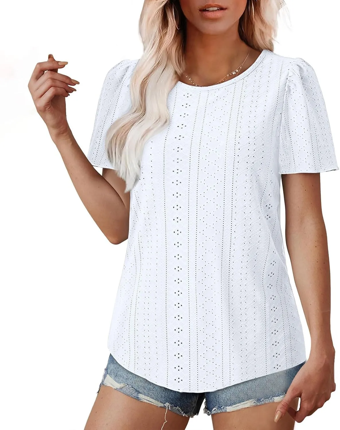 Summer Blouses for Women Short Sleeve Crewneck Fashion Eyelet Tee Tops Lightweight Loose Fit Tunic Shirt