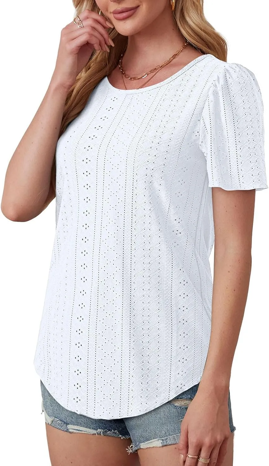 Summer Blouses for Women Short Sleeve Crewneck Fashion Eyelet Tee Tops Lightweight Loose Fit Tunic Shirt