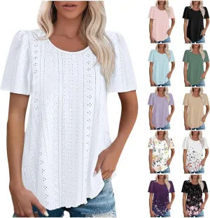 Summer Blouses for Women Short Sleeve Crewneck Fashion Eyelet Tee Tops Lightweight Loose Fit Tunic Shirt