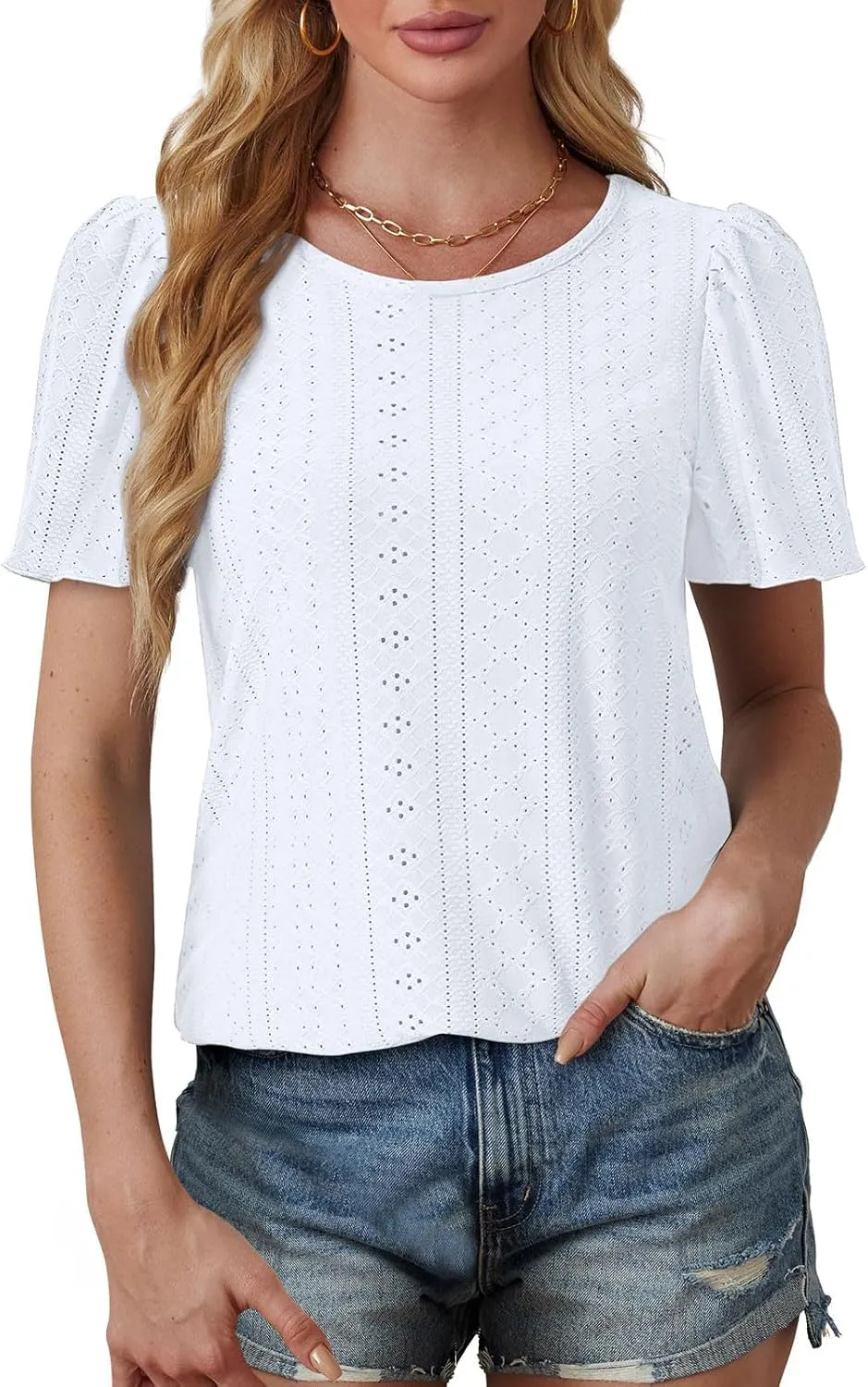 Summer Blouses for Women Short Sleeve Crewneck Fashion Eyelet Tee Tops Lightweight Loose Fit Tunic Shirt