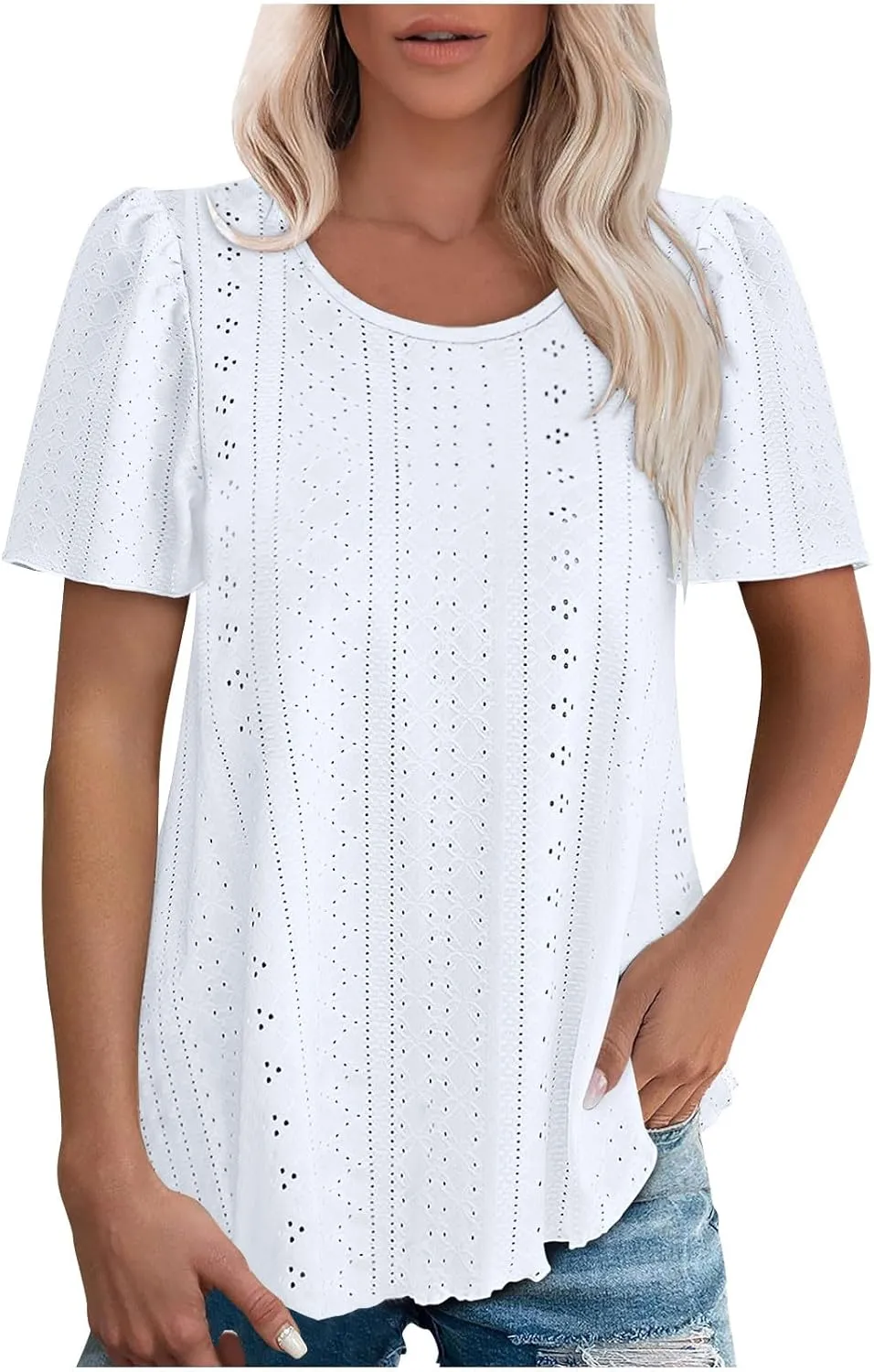 Summer Blouses for Women Short Sleeve Crewneck Fashion Eyelet Tee Tops Lightweight Loose Fit Tunic Shirt