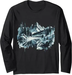 Tranquil Winter Mountain Landscape Reflection Long Sleeve T-Shirt