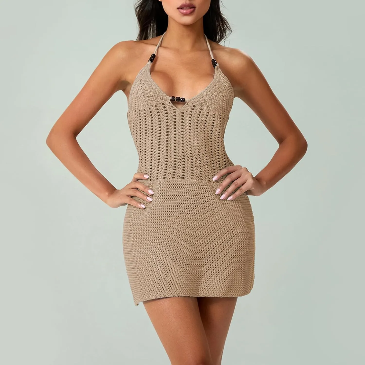 Women Halter Crochet Mini Dress Sexy Backless Knit Hollow Out Bodycon Y2k Party Dress for Club Streetwear Beach