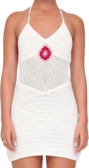 Women Halter Crochet Mini Dress Sexy Backless Knit Hollow Out Bodycon Y2k Party Dress for Club Streetwear Beach