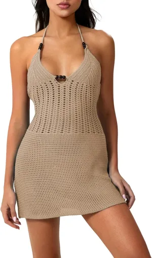 Women Halter Crochet Mini Dress Sexy Backless Knit Hollow Out Bodycon Y2k Party Dress for Club Streetwear Beach