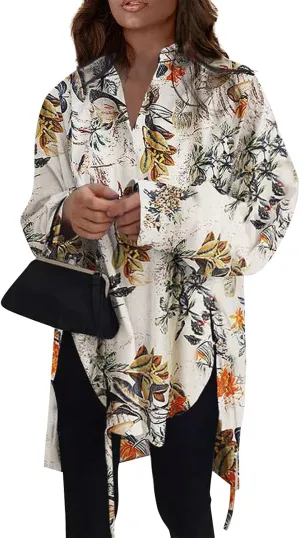 Women Long Sleeve Boyfriend Button Down Shirts Asymmetrical Casual Lace Up Oversized Tunic Tops