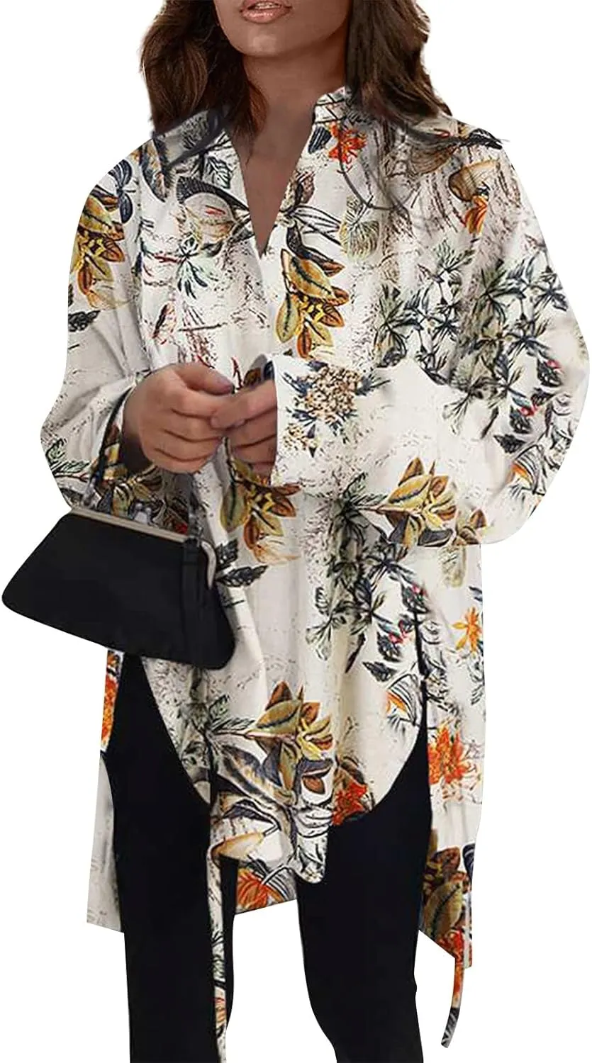 Women Long Sleeve Boyfriend Button Down Shirts Asymmetrical Casual Lace Up Oversized Tunic Tops