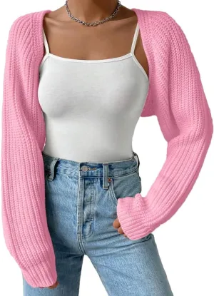 Women Open Front Ribbed Knit Crop Bolero Drop Shoulder Long Sleeve Solid Loose Fit Knitted Crop Cardigan Shrug