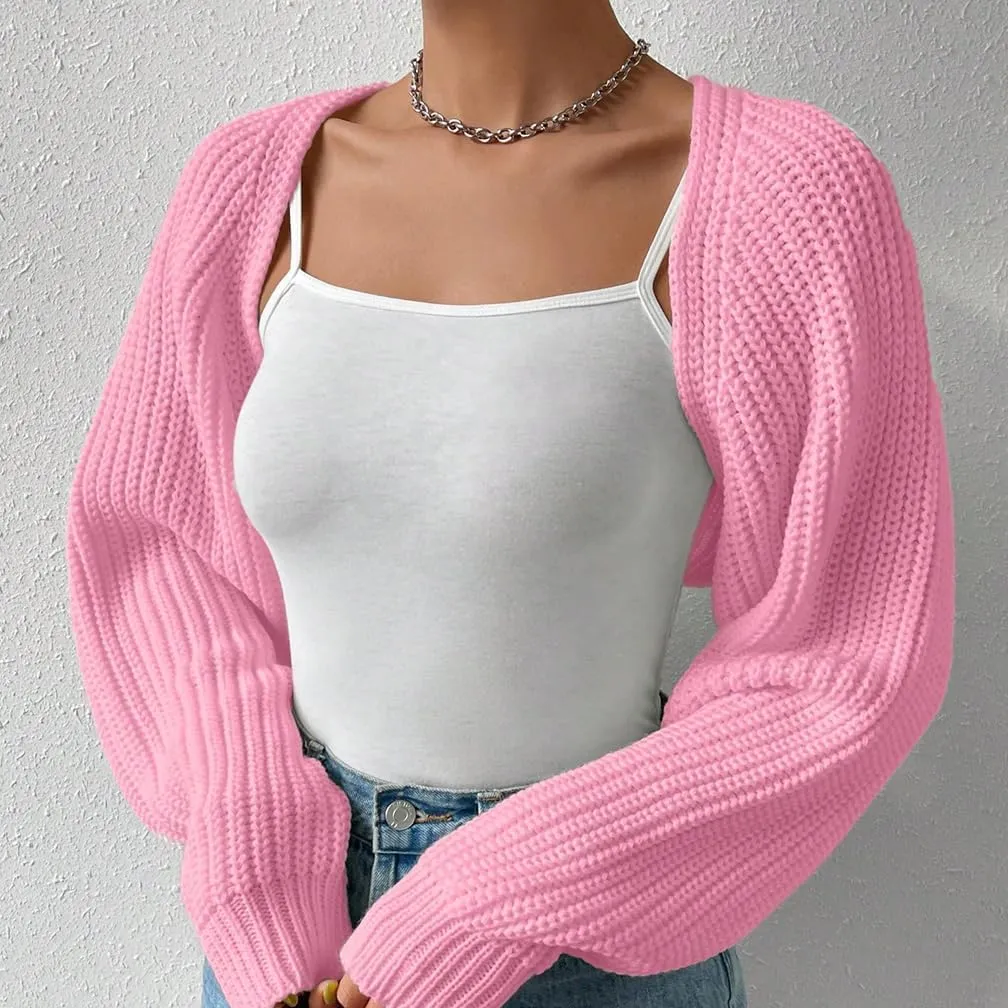 Women Open Front Ribbed Knit Crop Bolero Drop Shoulder Long Sleeve Solid Loose Fit Knitted Crop Cardigan Shrug