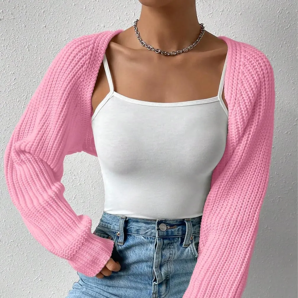 Women Open Front Ribbed Knit Crop Bolero Drop Shoulder Long Sleeve Solid Loose Fit Knitted Crop Cardigan Shrug