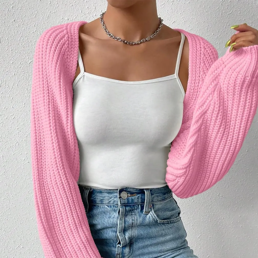 Women Open Front Ribbed Knit Crop Bolero Drop Shoulder Long Sleeve Solid Loose Fit Knitted Crop Cardigan Shrug
