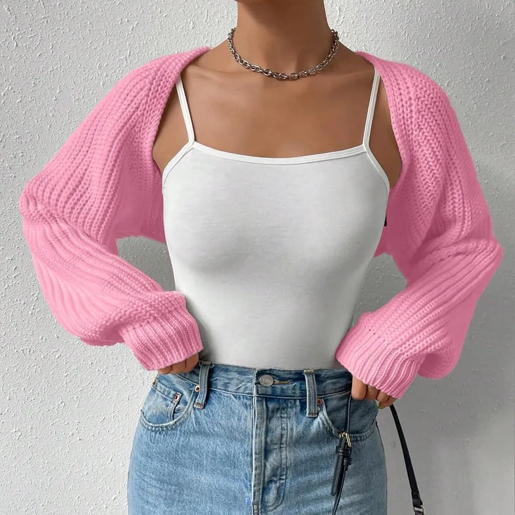 Women Open Front Ribbed Knit Crop Bolero Drop Shoulder Long Sleeve Solid Loose Fit Knitted Crop Cardigan Shrug