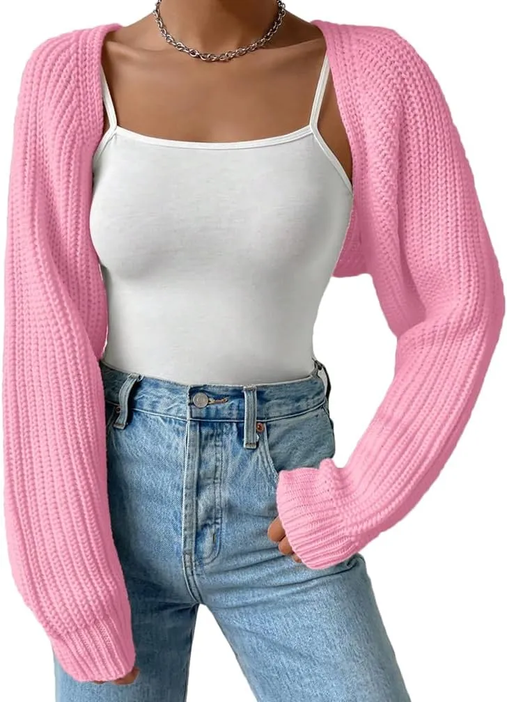 Women Open Front Ribbed Knit Crop Bolero Drop Shoulder Long Sleeve Solid Loose Fit Knitted Crop Cardigan Shrug