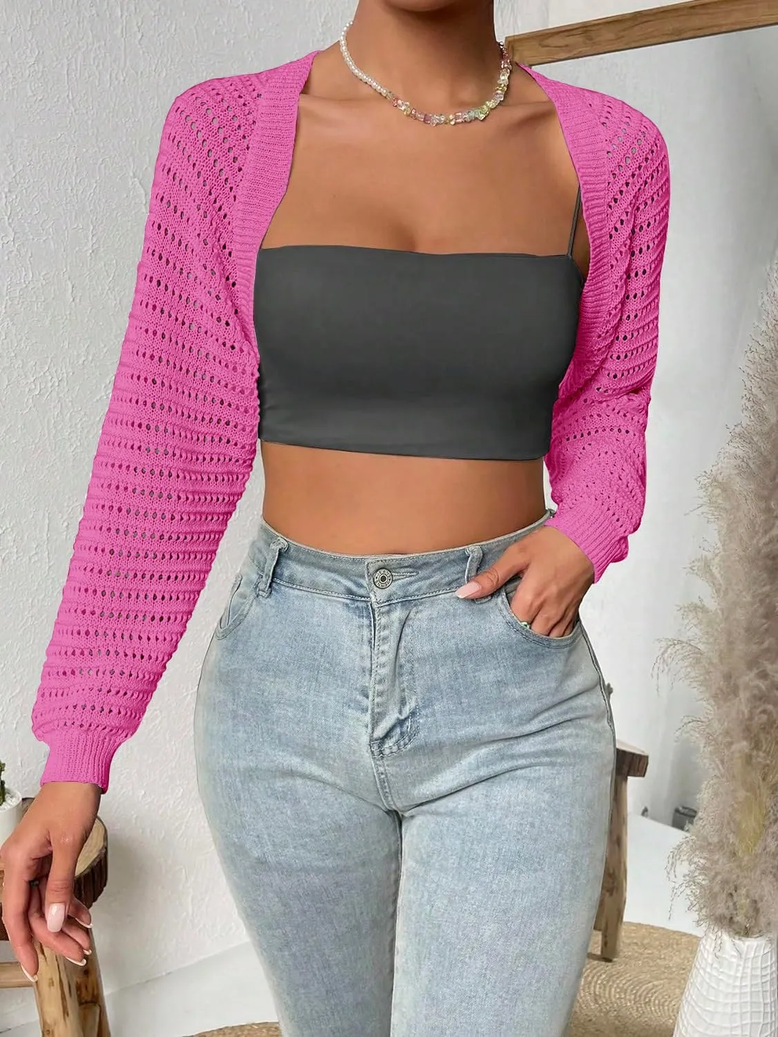 Women Y2K Crochet Shrug Sweater Crop Cardigans Drop Shoulder Knit Bolero Sweater