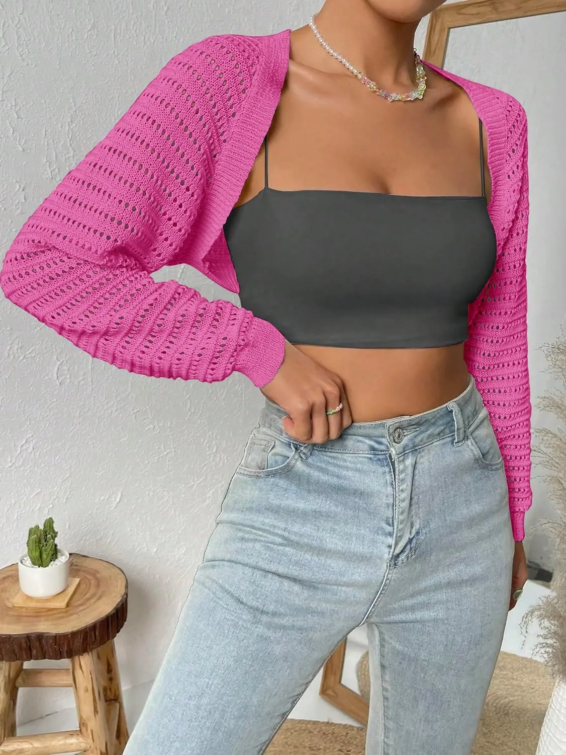Women Y2K Crochet Shrug Sweater Crop Cardigans Drop Shoulder Knit Bolero Sweater