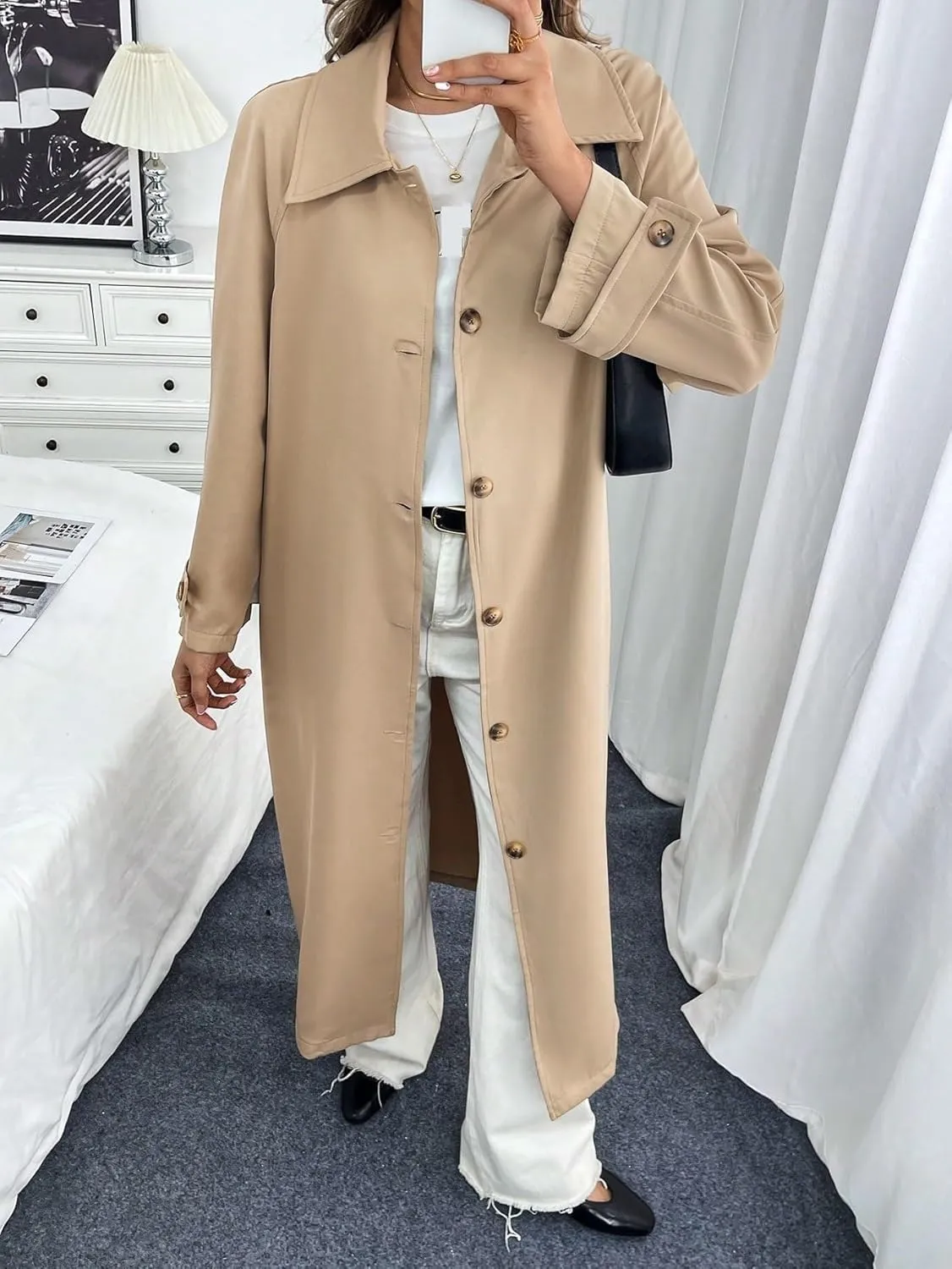 Women's 2024 Fashion Winter Trench Coat Casual Double-Breasted Midi Coat