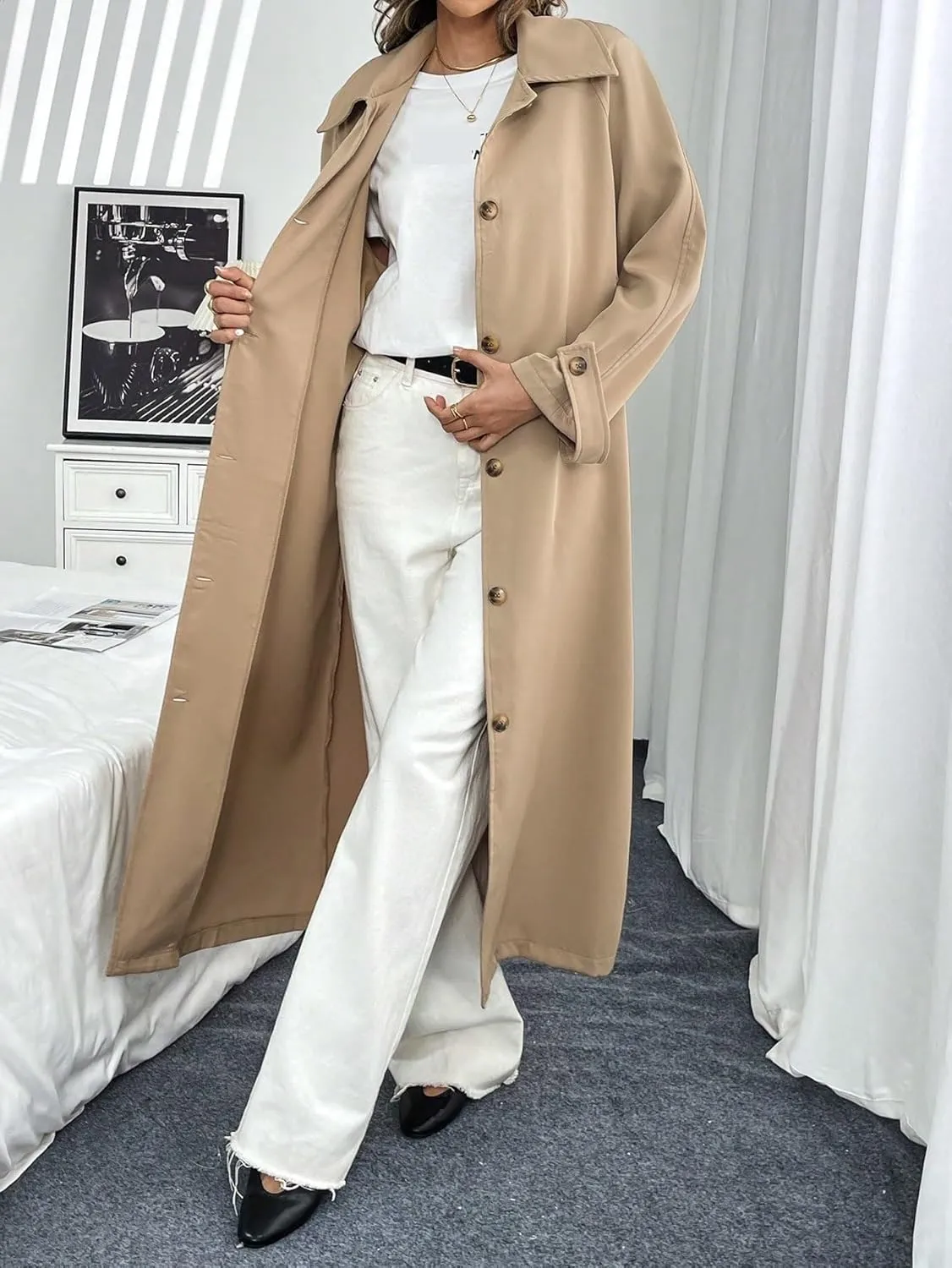 Women's 2024 Fashion Winter Trench Coat Casual Double-Breasted Midi Coat