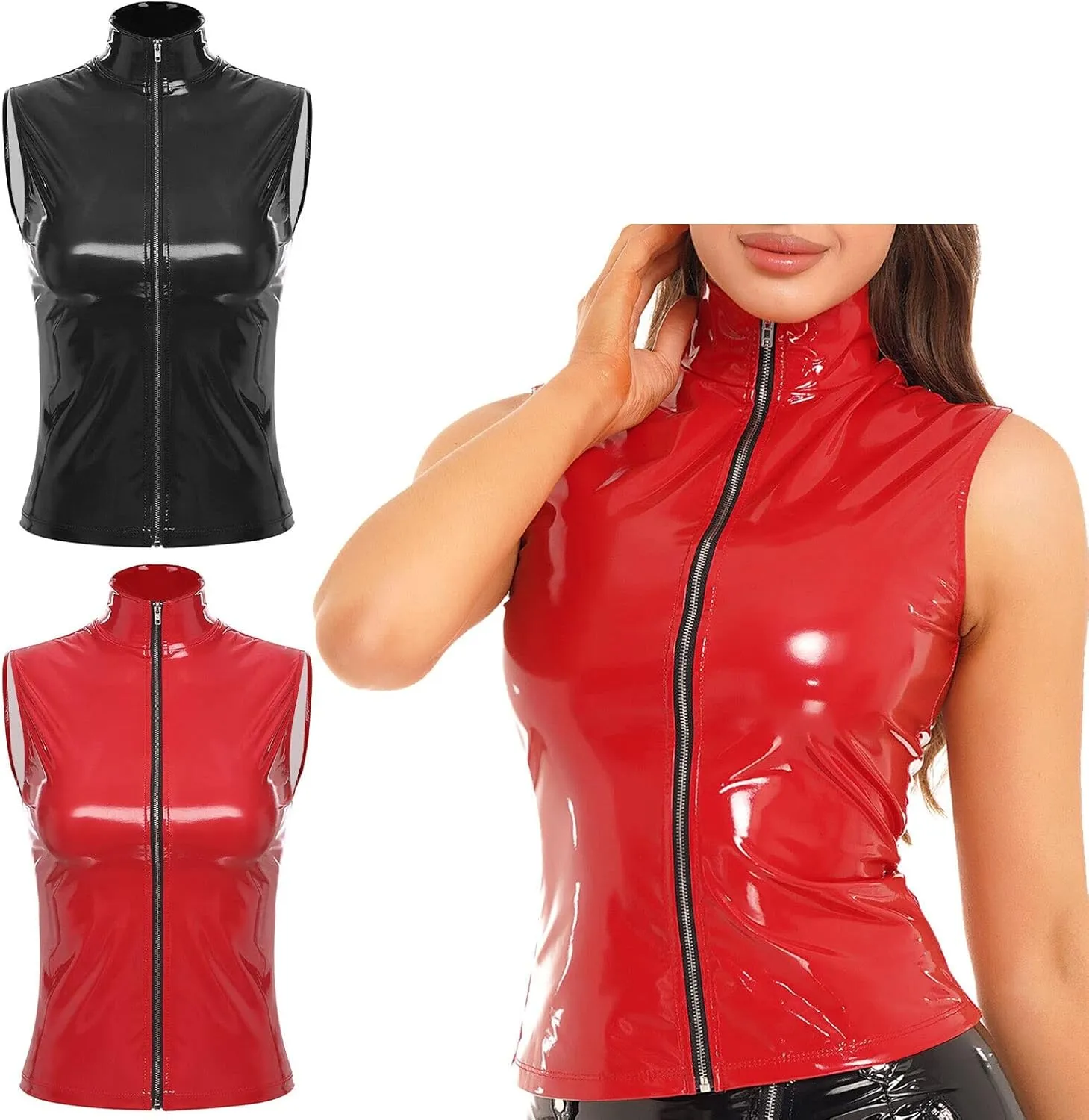 Womens Black Sleevesless Jacket Wet Look Fashion Outdoor Clothing vinyl Shiny