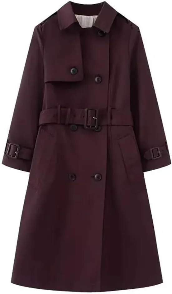 Women's Double Breasted Belted Trench Coat Long Sleeve Classic Overcoat With Button Casual Jacket