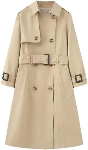Women's Double Breasted Belted Trench Coat Long Sleeve Classic Overcoat With Button Casual Jacket