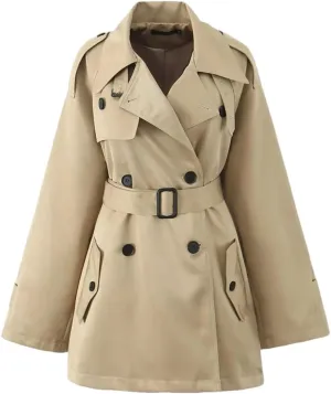 Women's Double Breasted Windbreaker Coat Long Sleeve Belted Trench Style Jacket Lightweight Outerwear