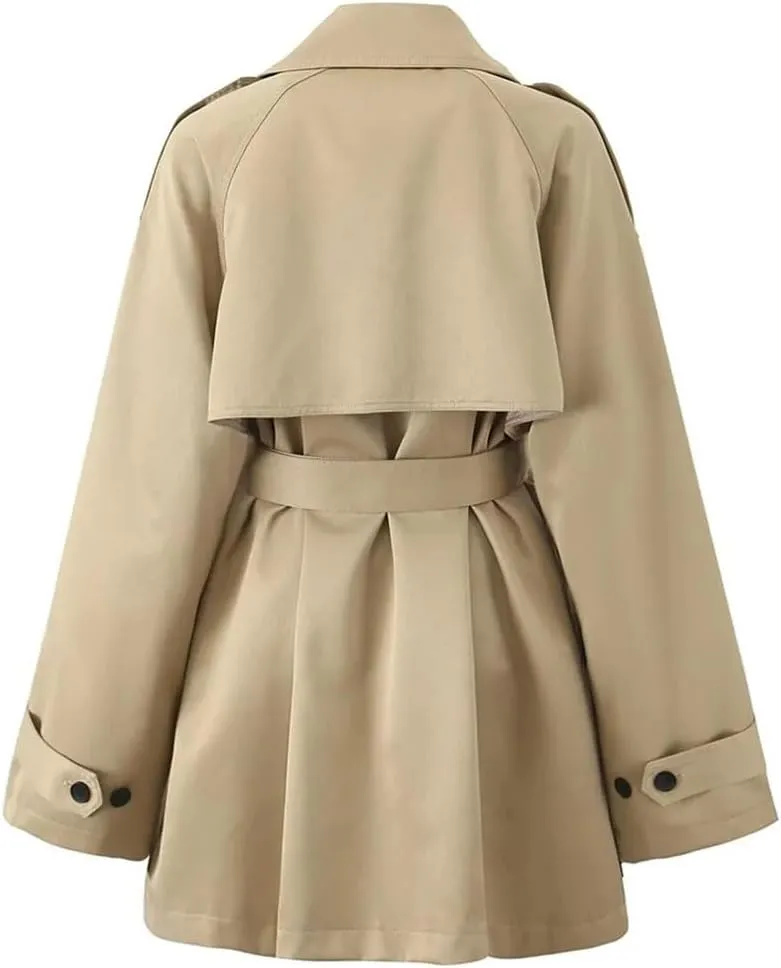 Women's Double Breasted Windbreaker Coat Long Sleeve Belted Trench Style Jacket Lightweight Outerwear