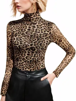 Women's Sexy Autumn Slim Fitting Long Sleeved Turtleneck Pullover Bottom Shirt Mesh Lace Perspectives T-Shirt Top.