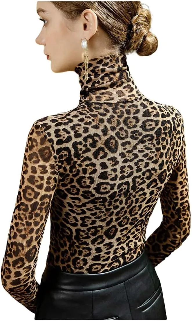 Women's Sexy Autumn Slim Fitting Long Sleeved Turtleneck Pullover Bottom Shirt Mesh Lace Perspectives T-Shirt Top.